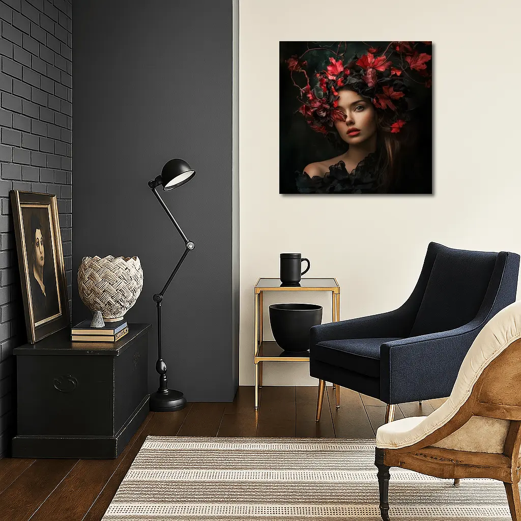 Dark Feminine Portrait Red Autumn Leaves Headdress – Wall Art