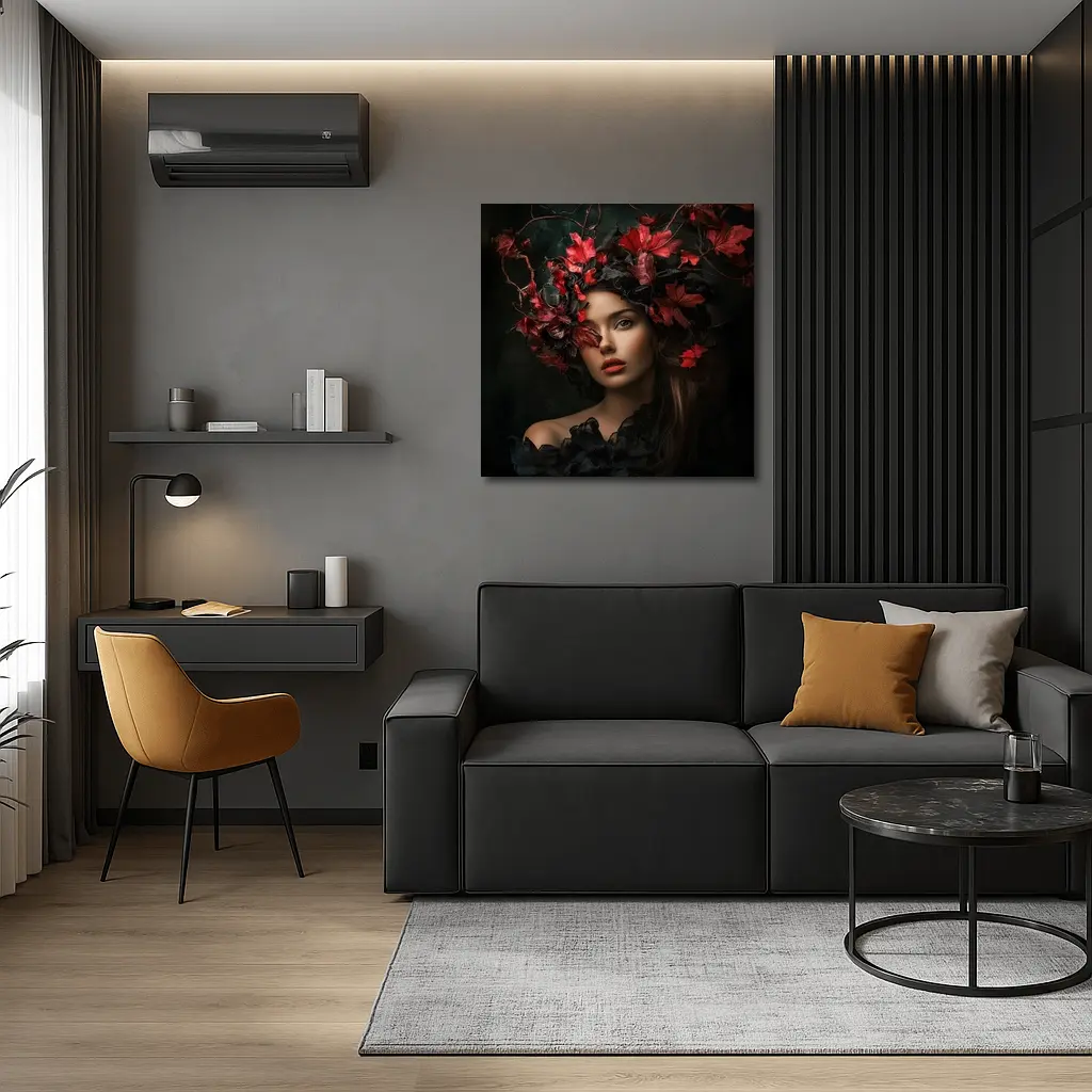 Dark Feminine Portrait Red Autumn Leaves Headdress – Wall Art