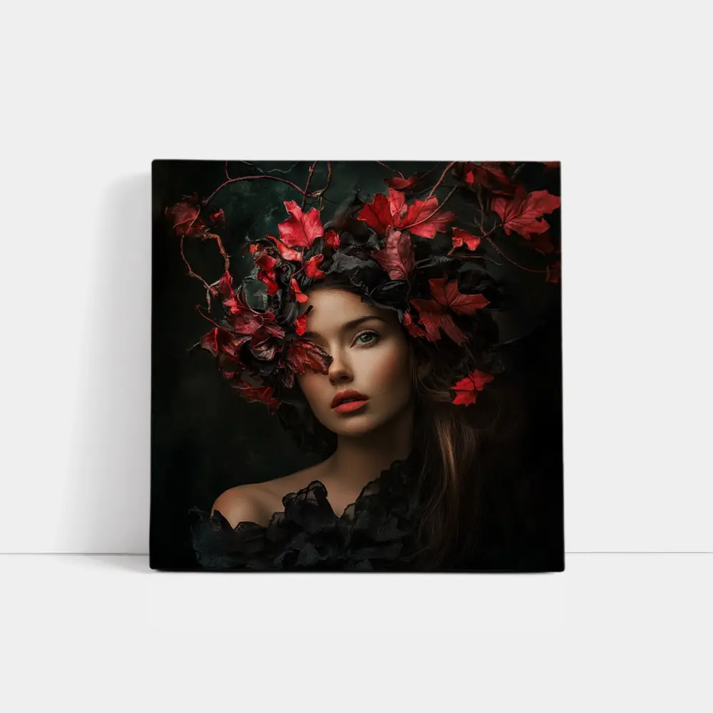 Dark Feminine Portrait Red Autumn Leaves Headdress – Wall Art