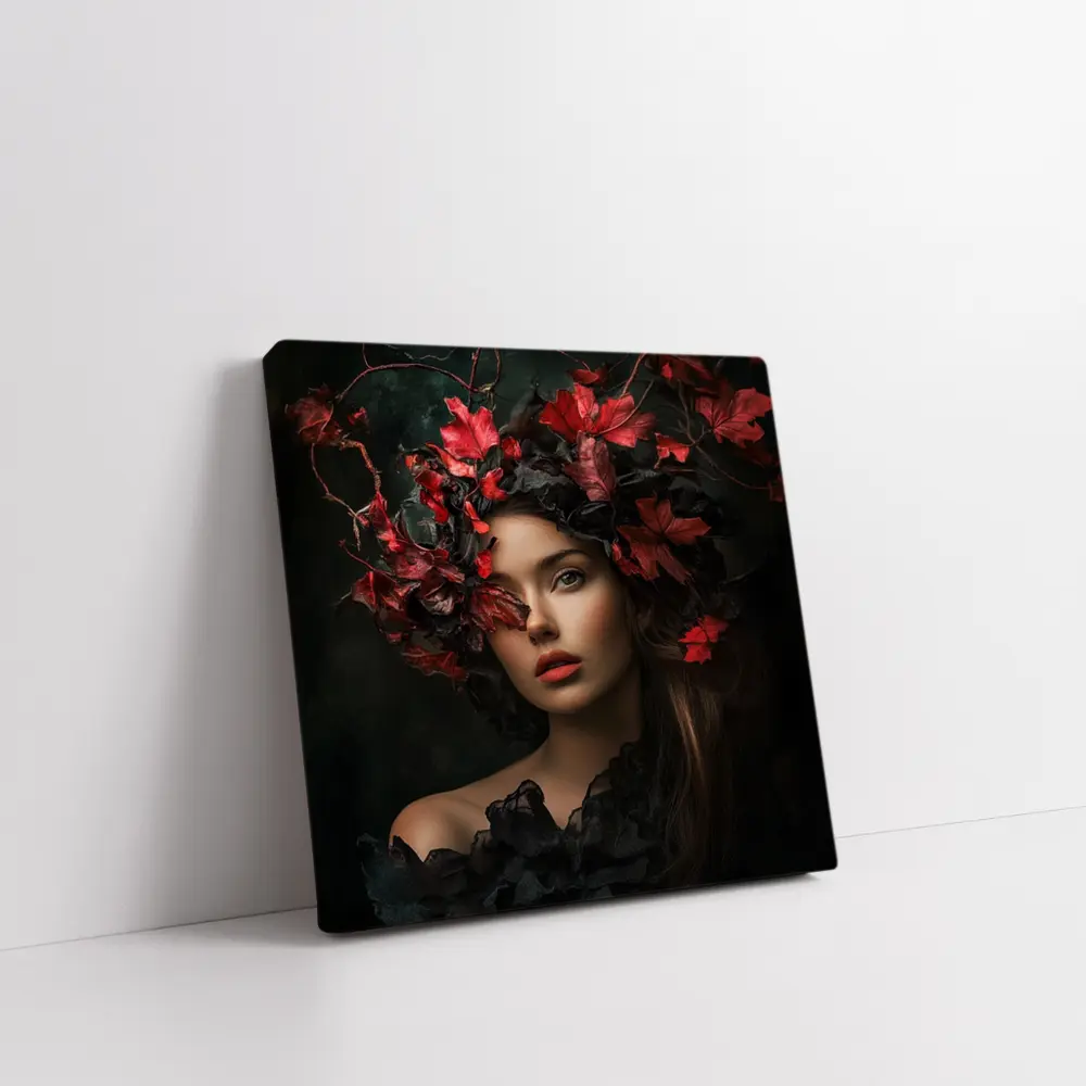 Dark Feminine Portrait Red Autumn Leaves Headdress – Wall Art