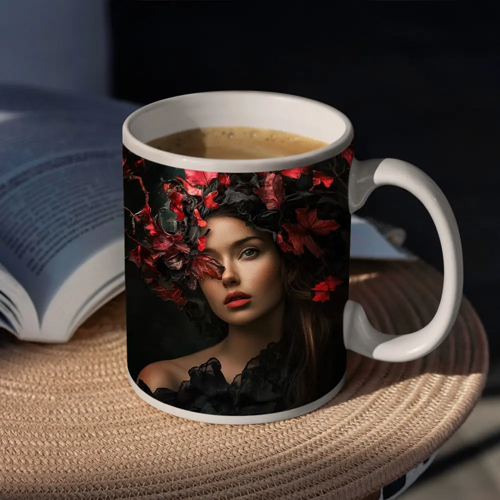 Dark Feminine Portrait Red Autumn Leaves Headdress – Mugs