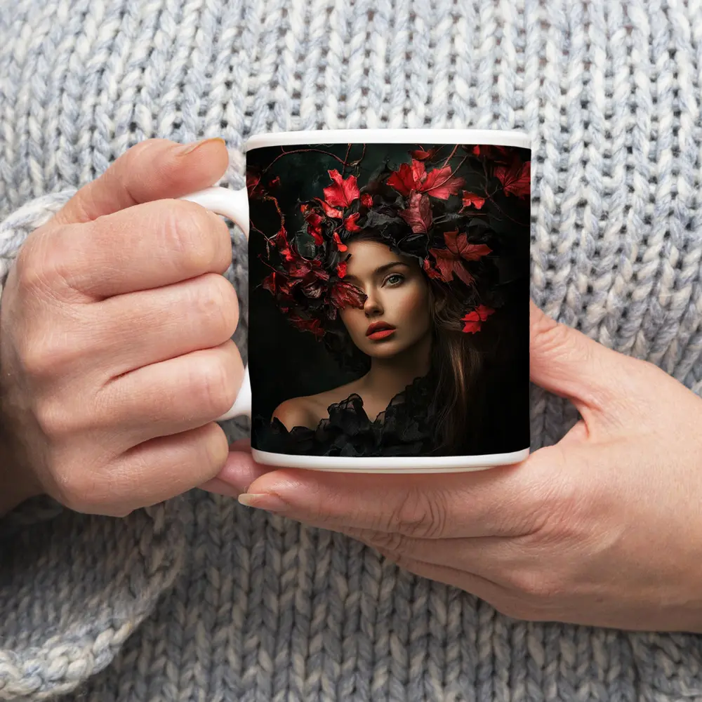 Dark Feminine Portrait Red Autumn Leaves Headdress – Mugs