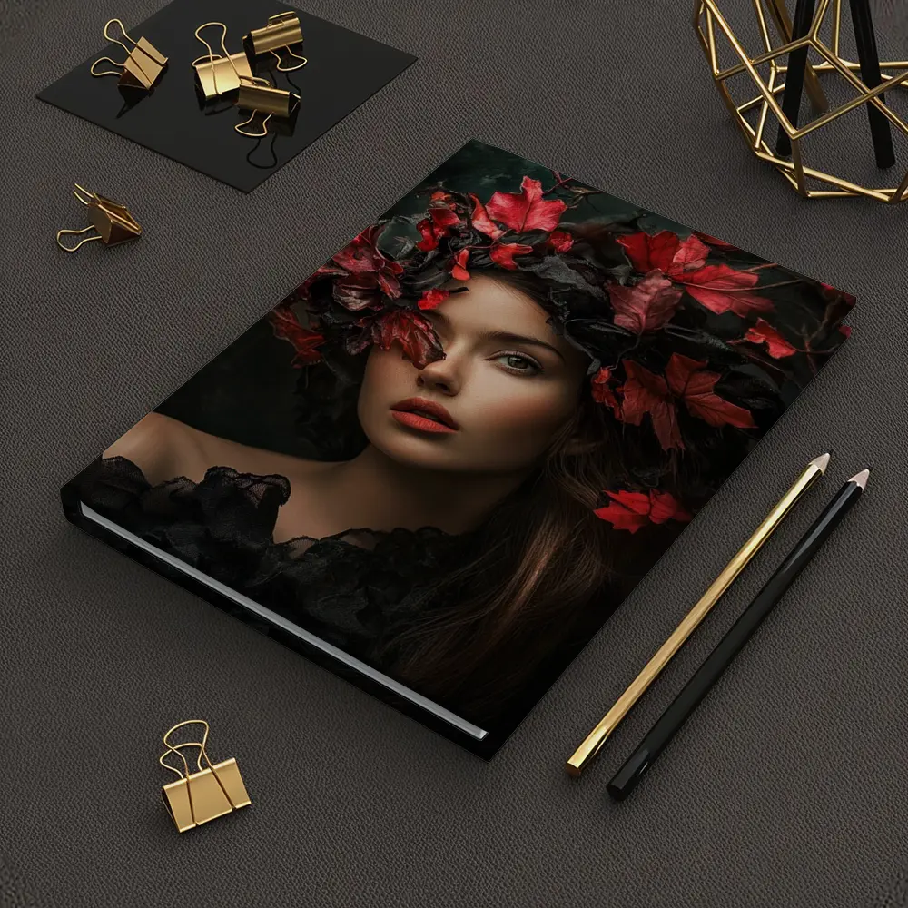Dark Feminine Portrait Red Autumn Leaves Headdress – Notebooks