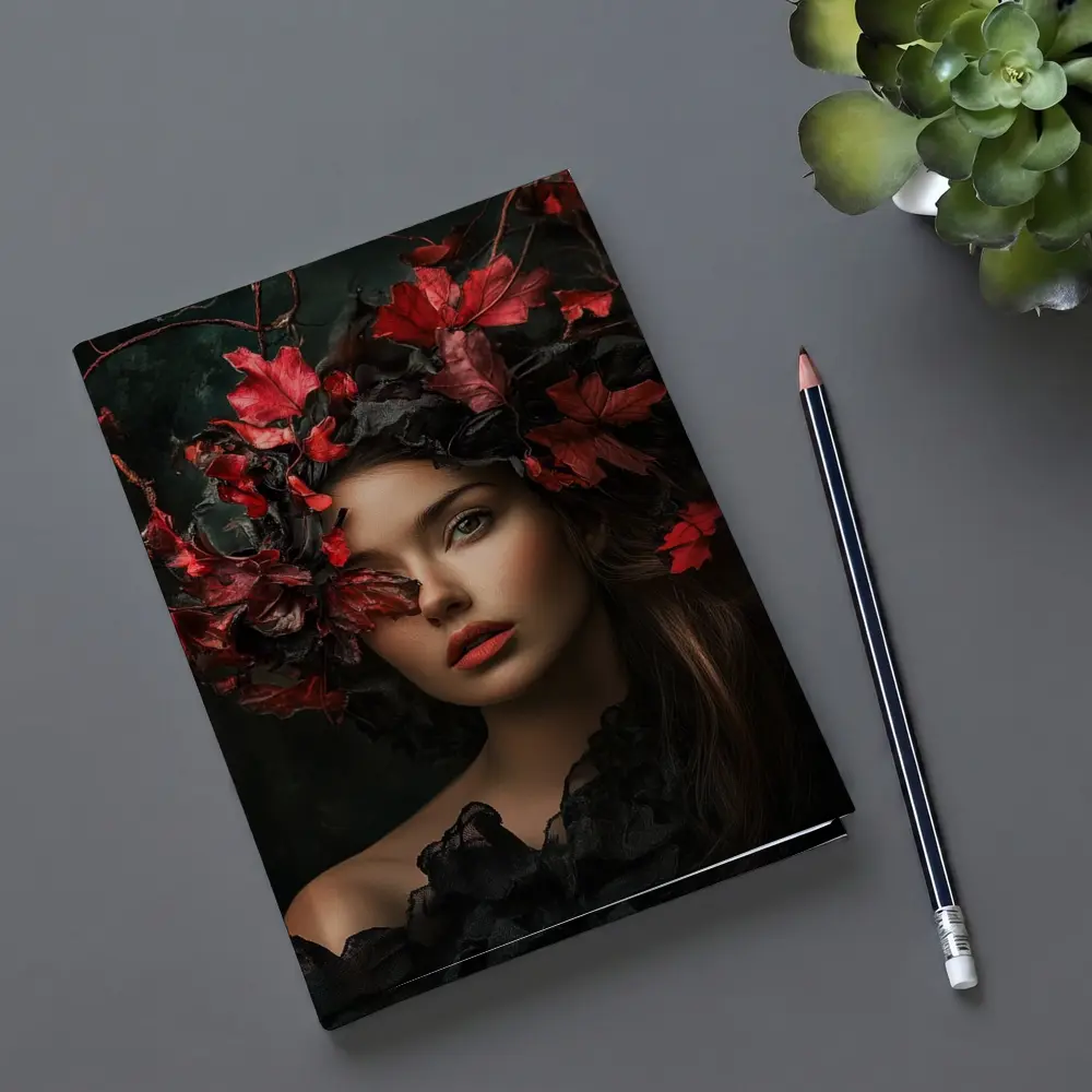 Dark Feminine Portrait Red Autumn Leaves Headdress – Notebooks