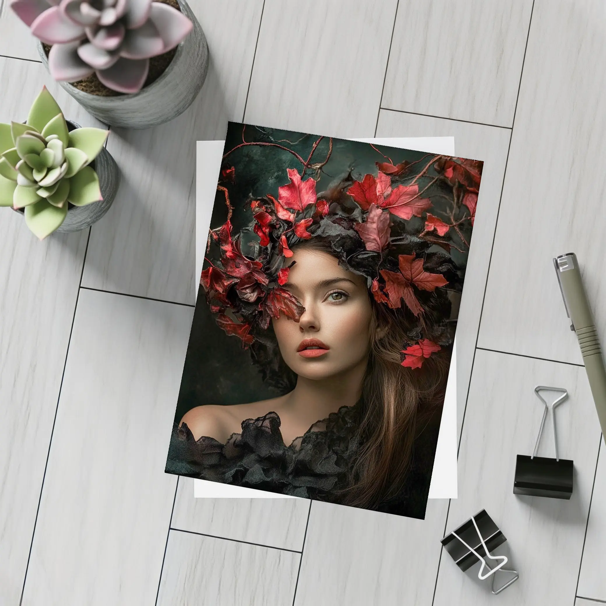 Dark Feminine Portrait Red Autumn Leaves Headdress – Postcards
