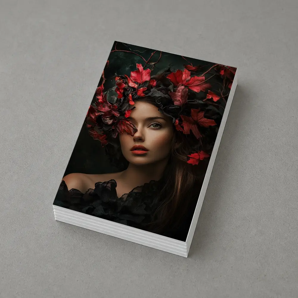 Dark Feminine Portrait Red Autumn Leaves Headdress – Postcards