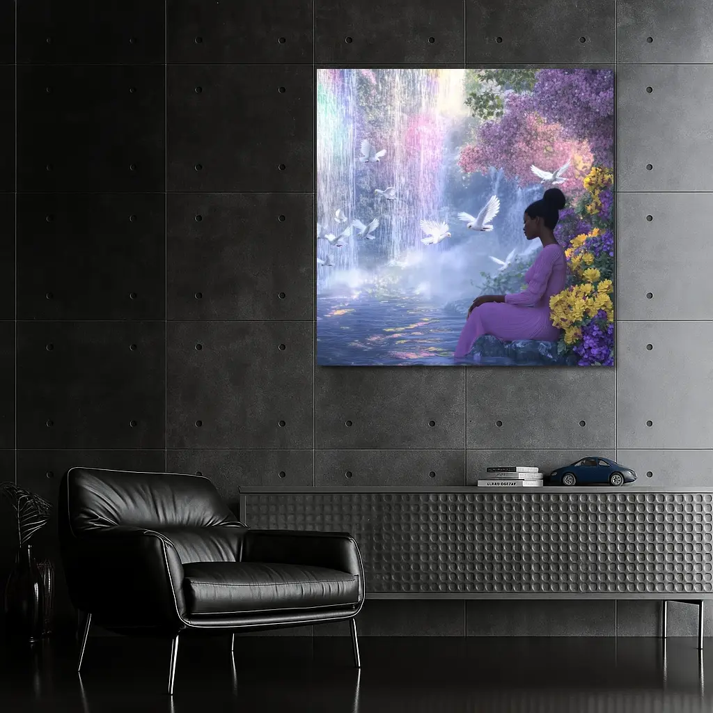 Woman Sitting by Waterfall With Doves – Wall Art