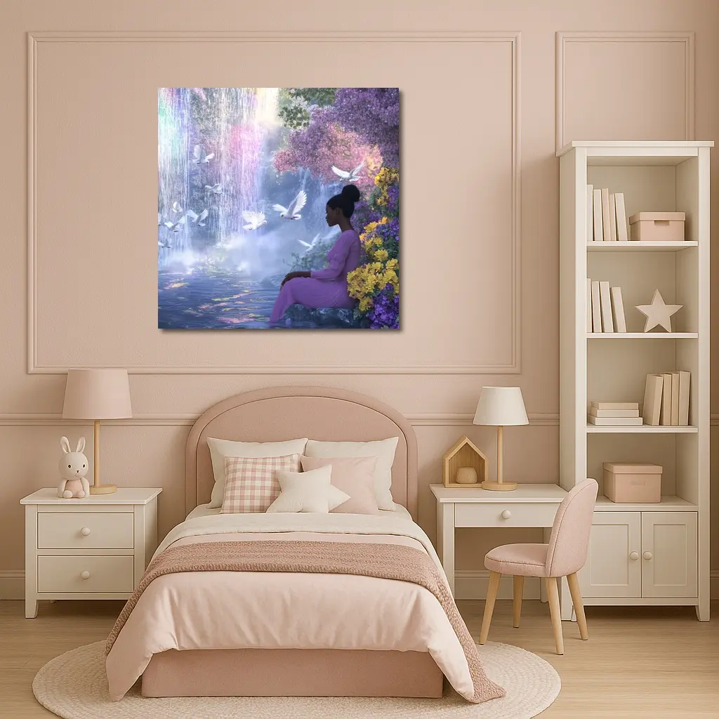 Woman Sitting by Waterfall With Doves – Wall Art