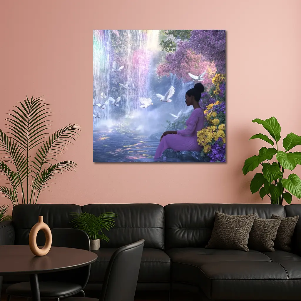 Woman Sitting by Waterfall With Doves – Wall Art