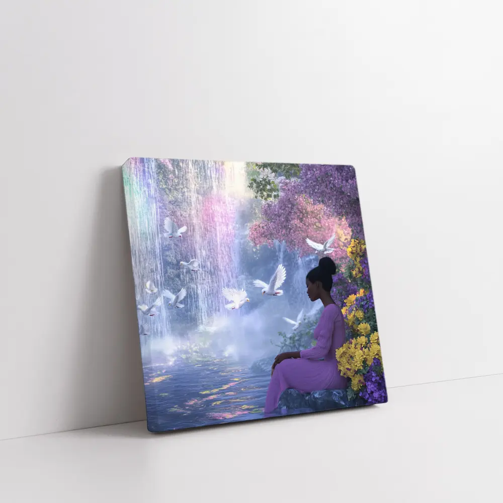 Woman Sitting by Waterfall With Doves – Wall Art
