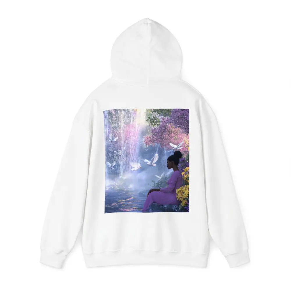 Woman Sitting by Waterfall With Doves – Hoodies
