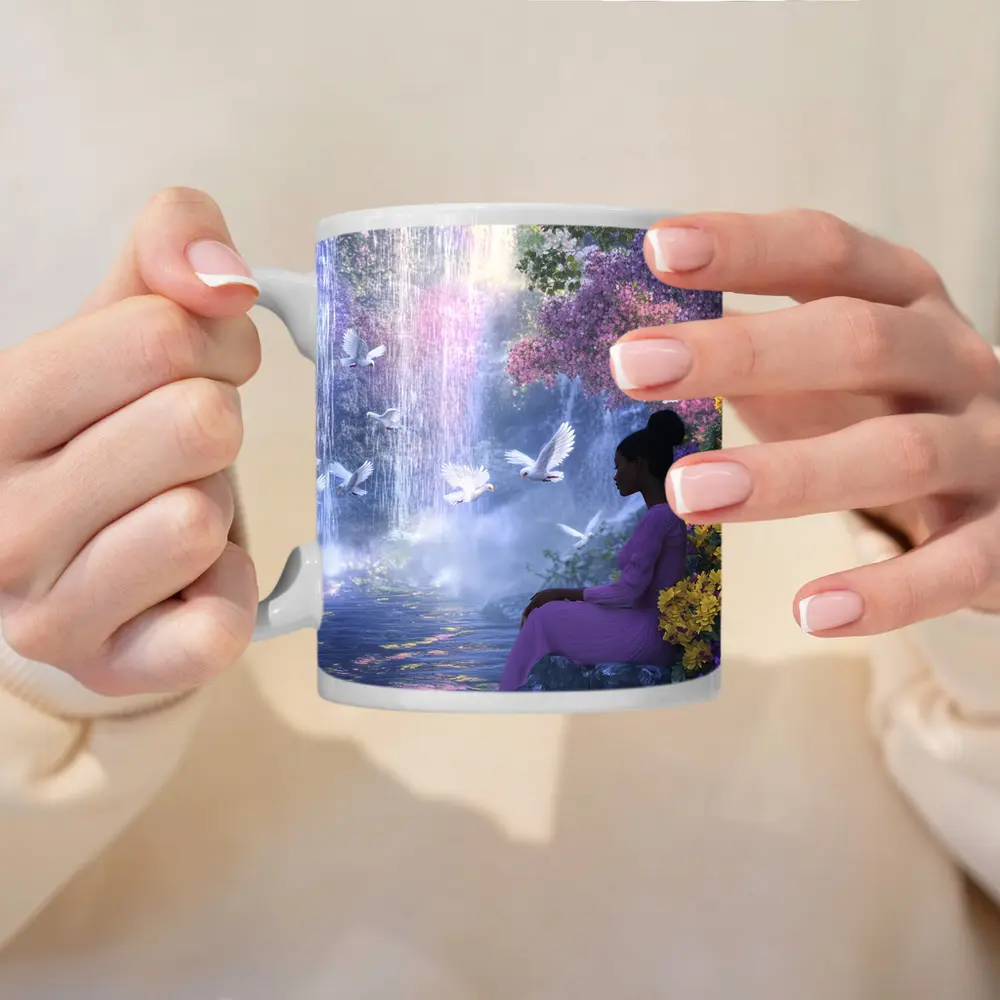 Woman Sitting by Waterfall With Doves – Mugs