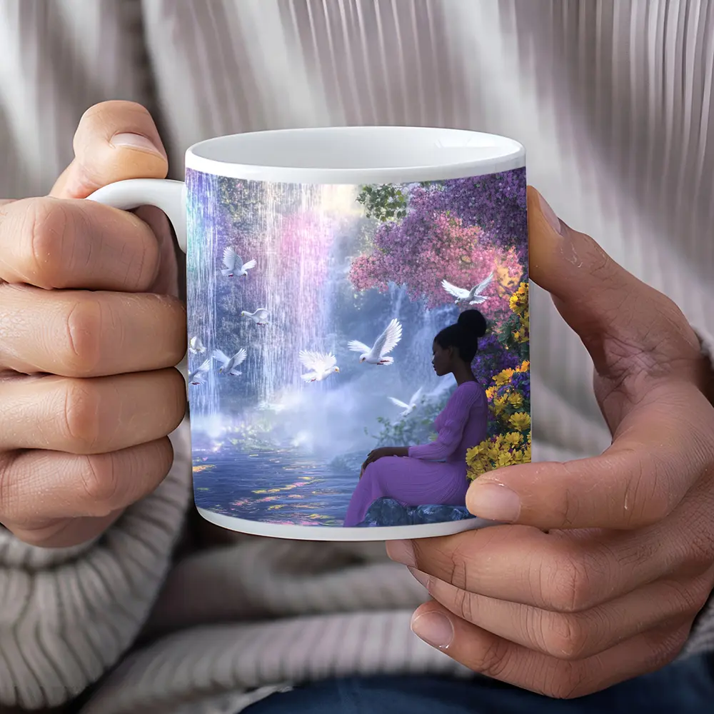 Woman Sitting by Waterfall With Doves – Mugs