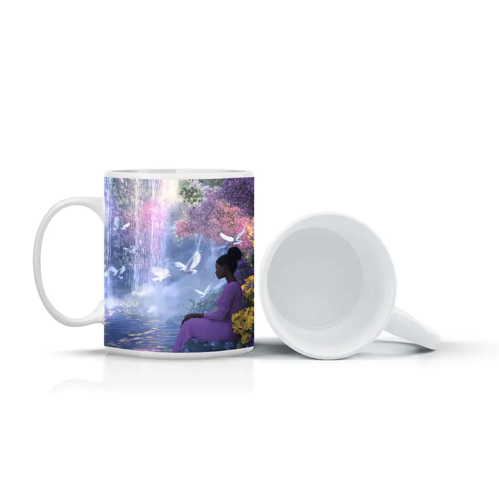 Woman Sitting by Waterfall With Doves – Mugs