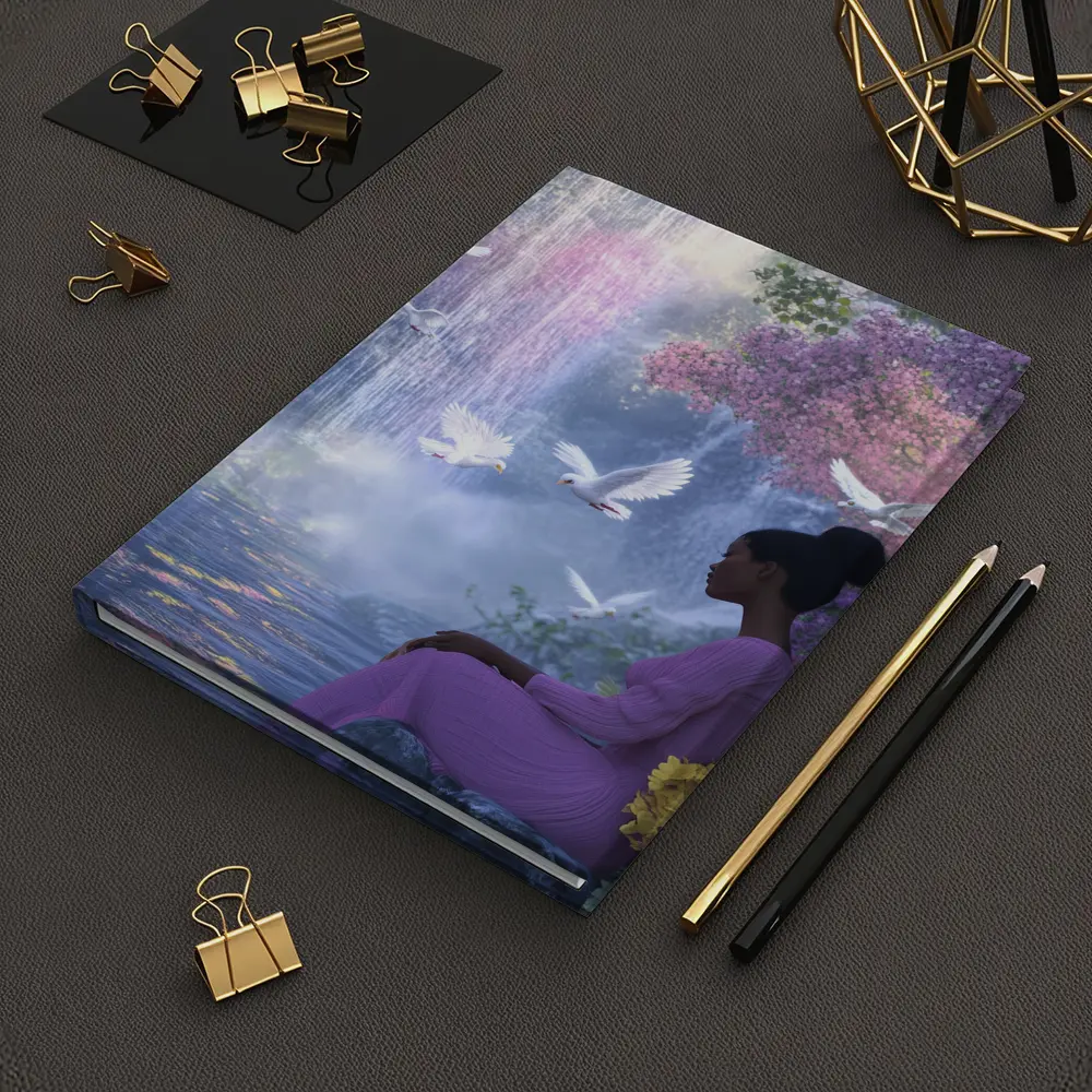 Woman Sitting by Waterfall With Doves – Notebooks