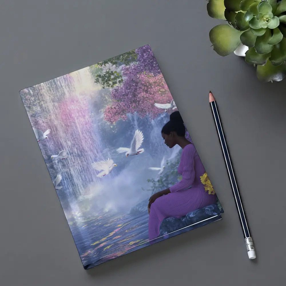 Woman Sitting by Waterfall With Doves – Notebooks