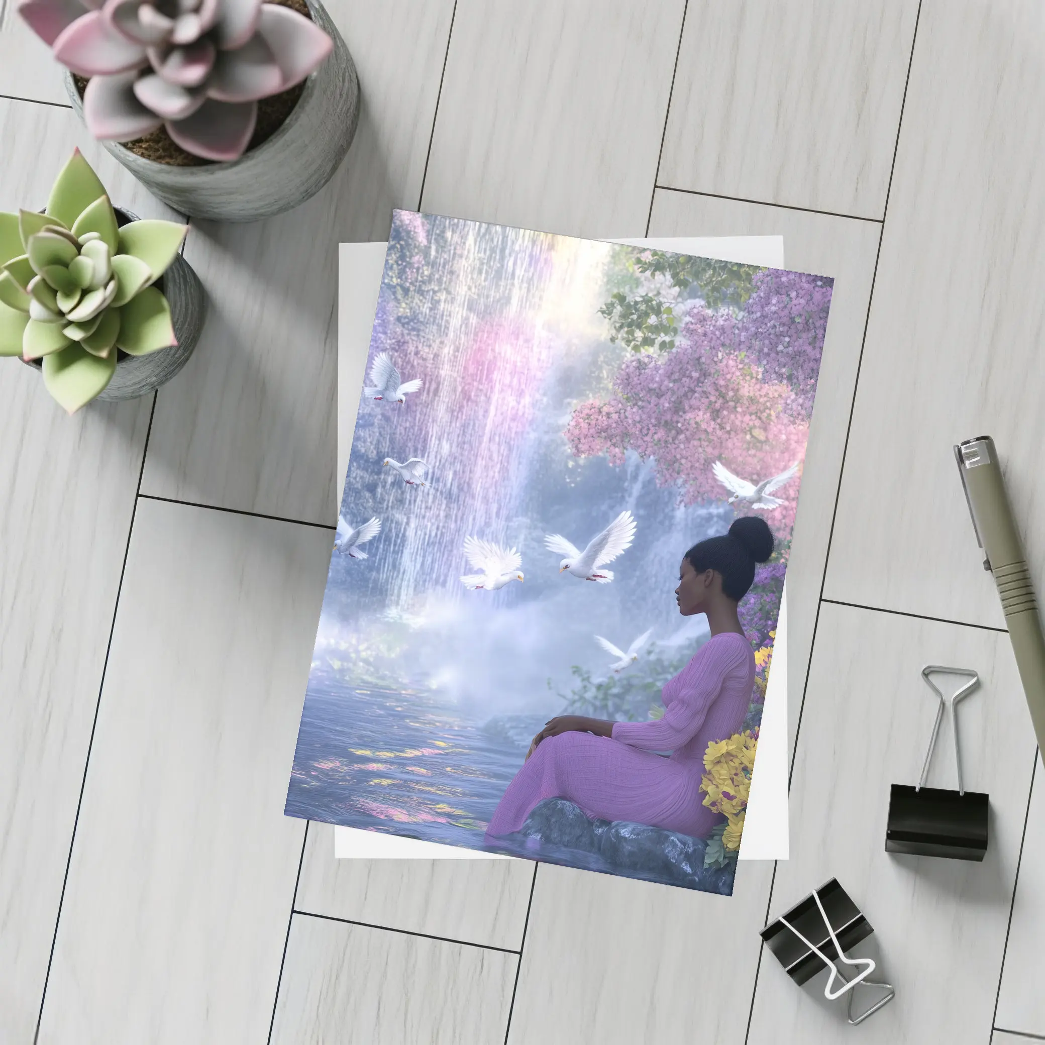 Woman Sitting by Waterfall With Doves – Postcards