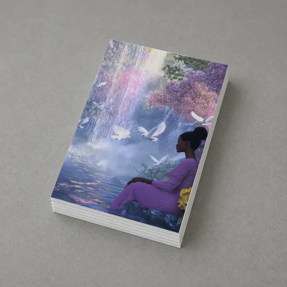 Woman Sitting by Waterfall With Doves – Postcards