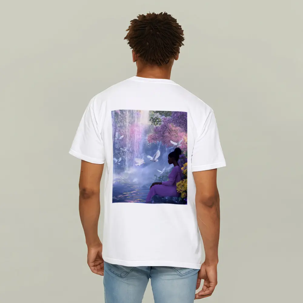 Woman Sitting by Waterfall With Doves – T-Shirts