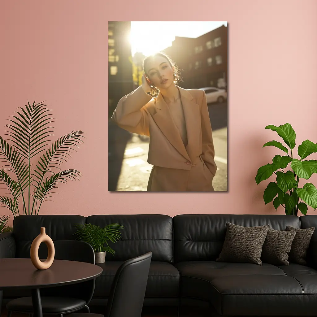 Woman Beige Suit Sunlit Urban Street – Wall Art