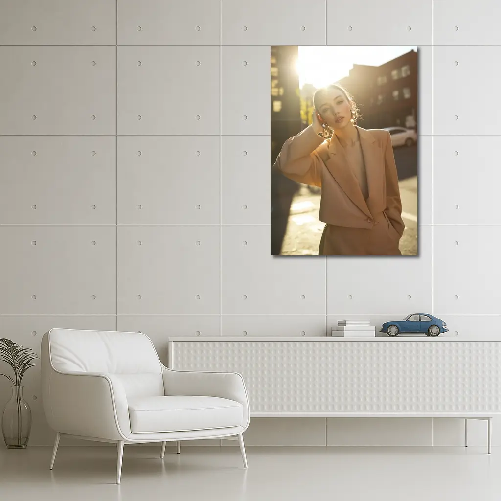 Woman Beige Suit Sunlit Urban Street – Wall Art