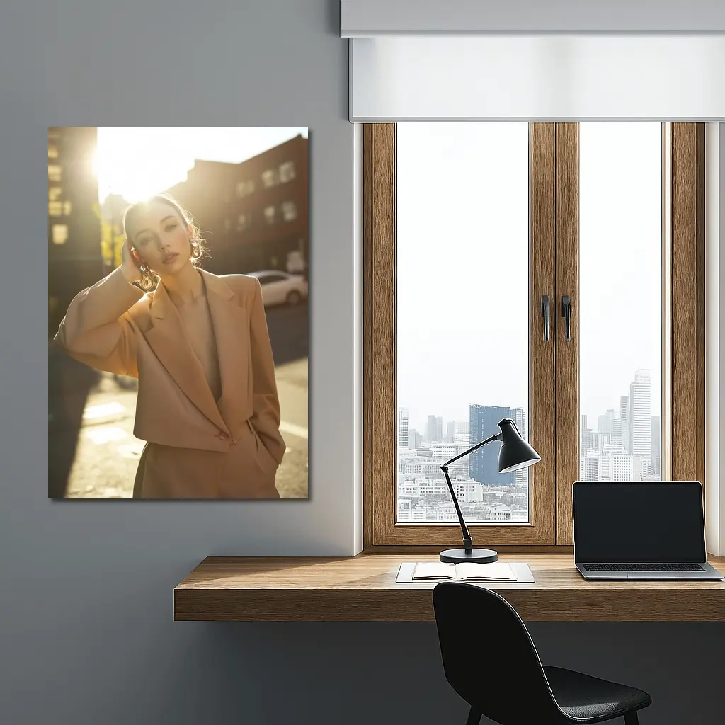 Woman Beige Suit Sunlit Urban Street – Wall Art