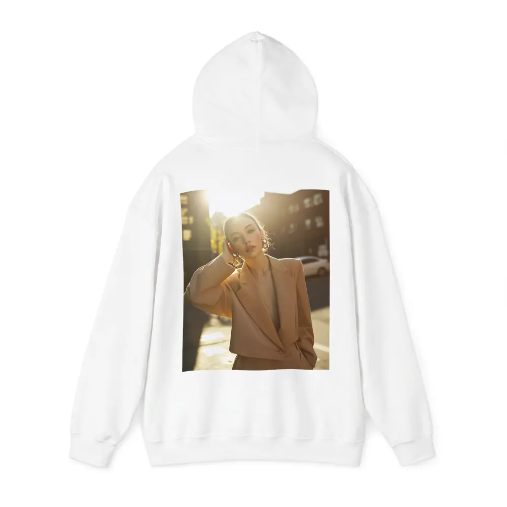 Woman Beige Suit Sunlit Urban Street – Hoodies