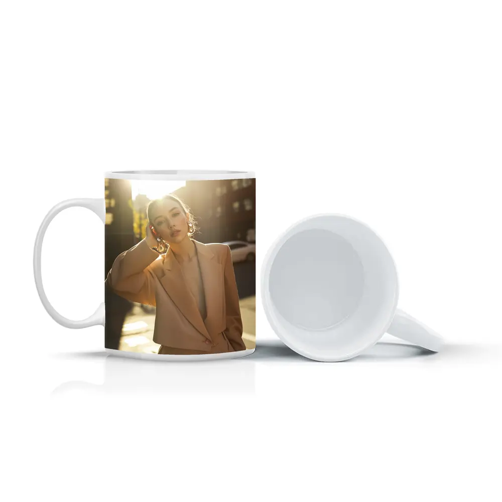 Woman Beige Suit Sunlit Urban Street – Mugs