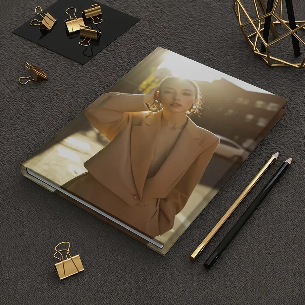 Woman Beige Suit Sunlit Urban Street – Notebooks