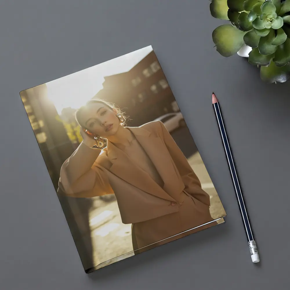 Woman Beige Suit Sunlit Urban Street – Notebooks