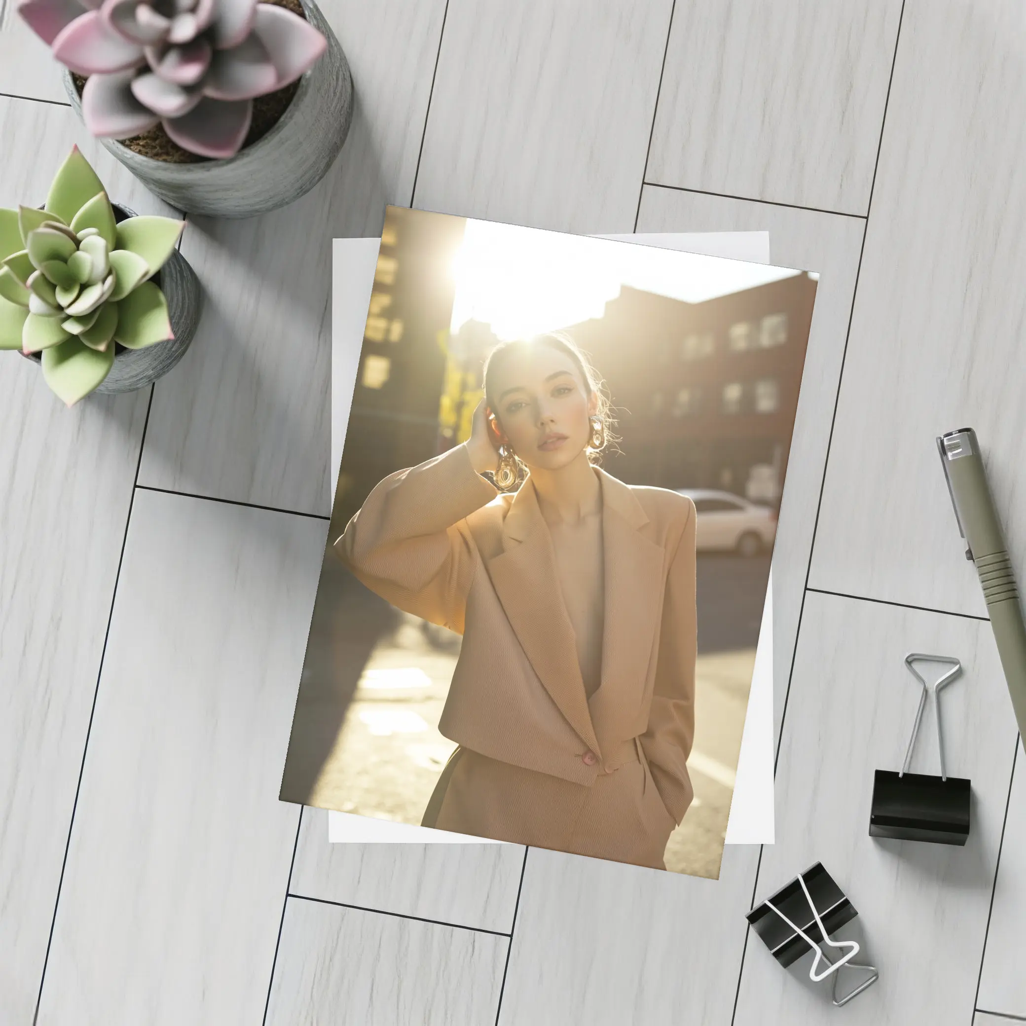 Woman Beige Suit Sunlit Urban Street – Postcards