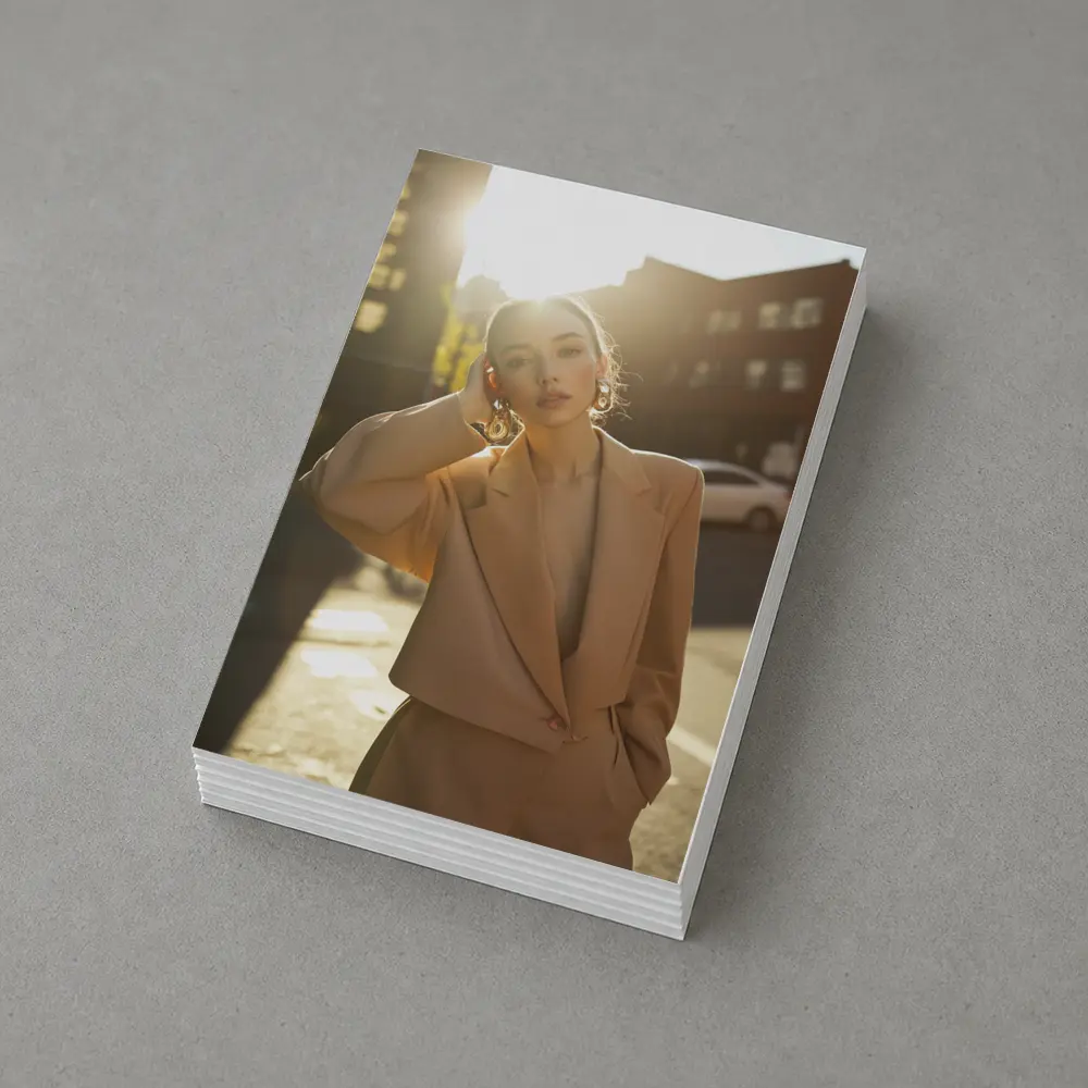 Woman Beige Suit Sunlit Urban Street – Postcards