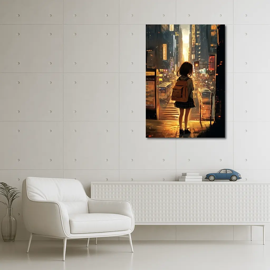 Anime Girl City Street Golden Sunset – Wall Art