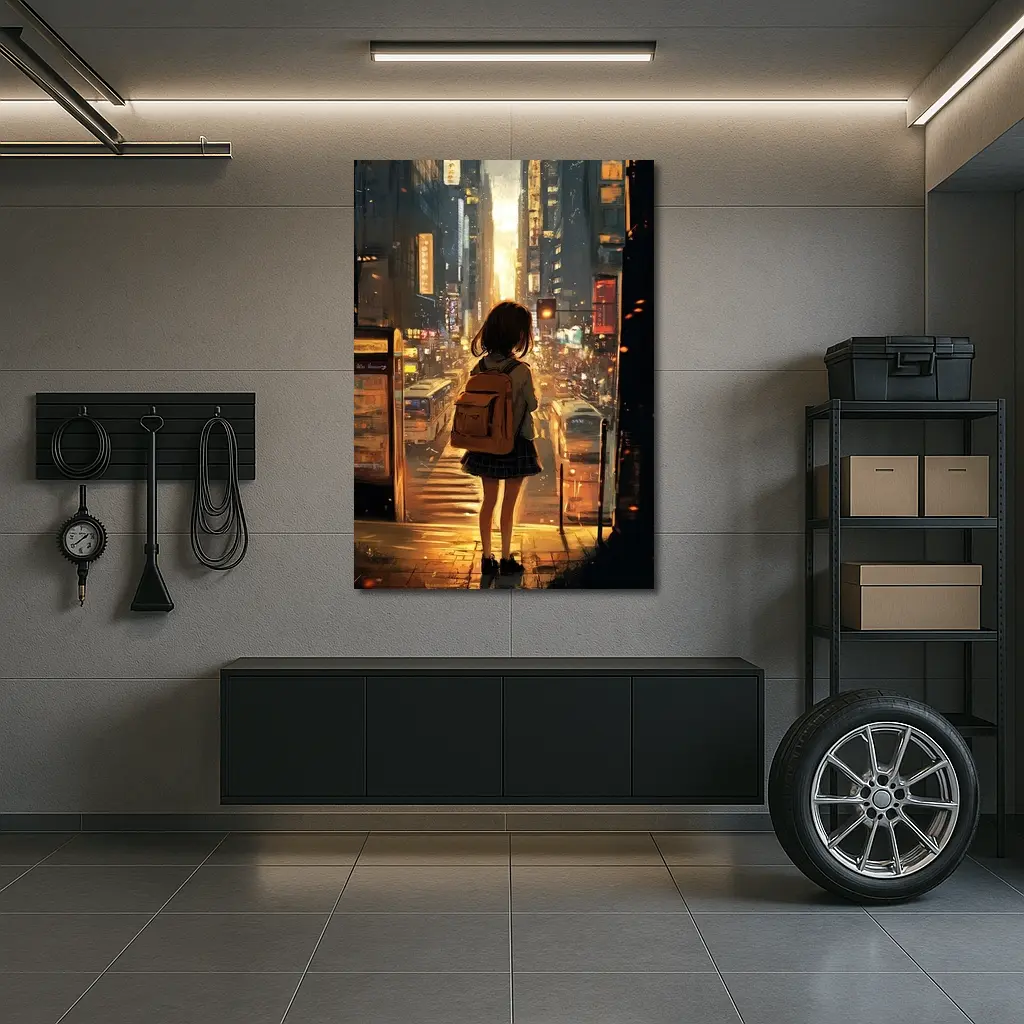 Anime Girl City Street Golden Sunset – Wall Art