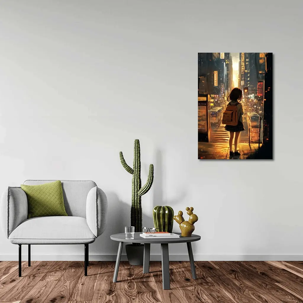 Anime Girl City Street Golden Sunset – Wall Art