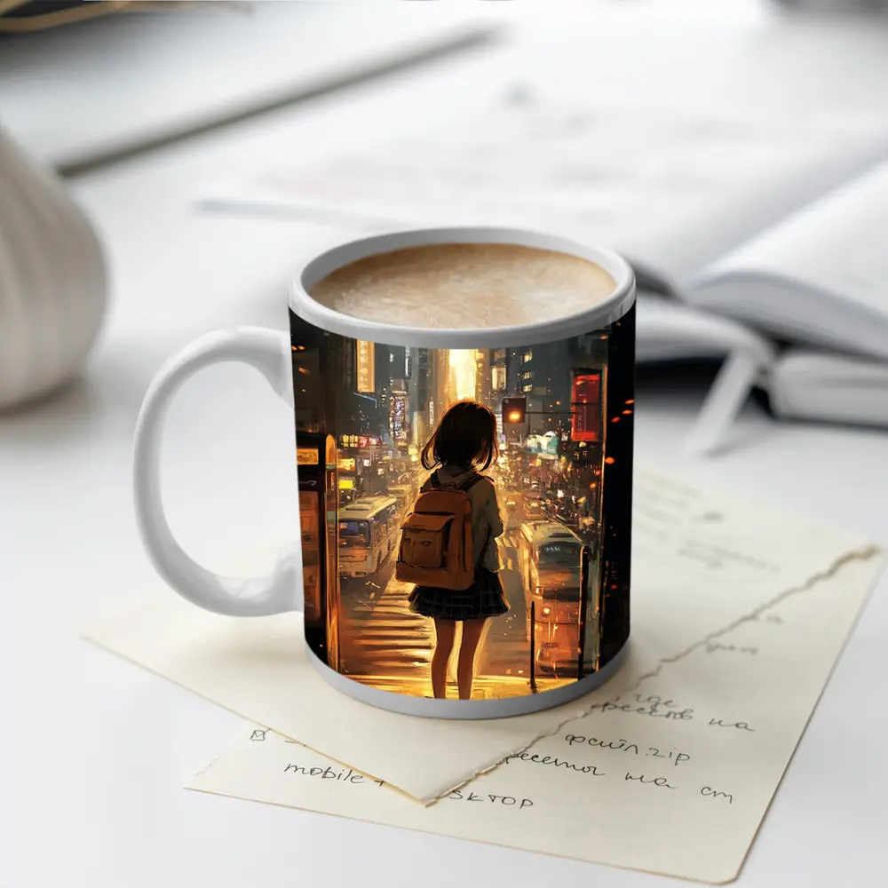 Anime Girl City Street Golden Sunset – Mugs