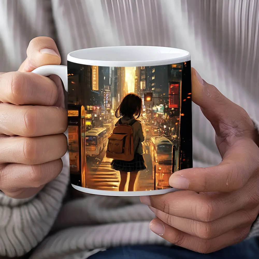 Anime Girl City Street Golden Sunset – Mugs