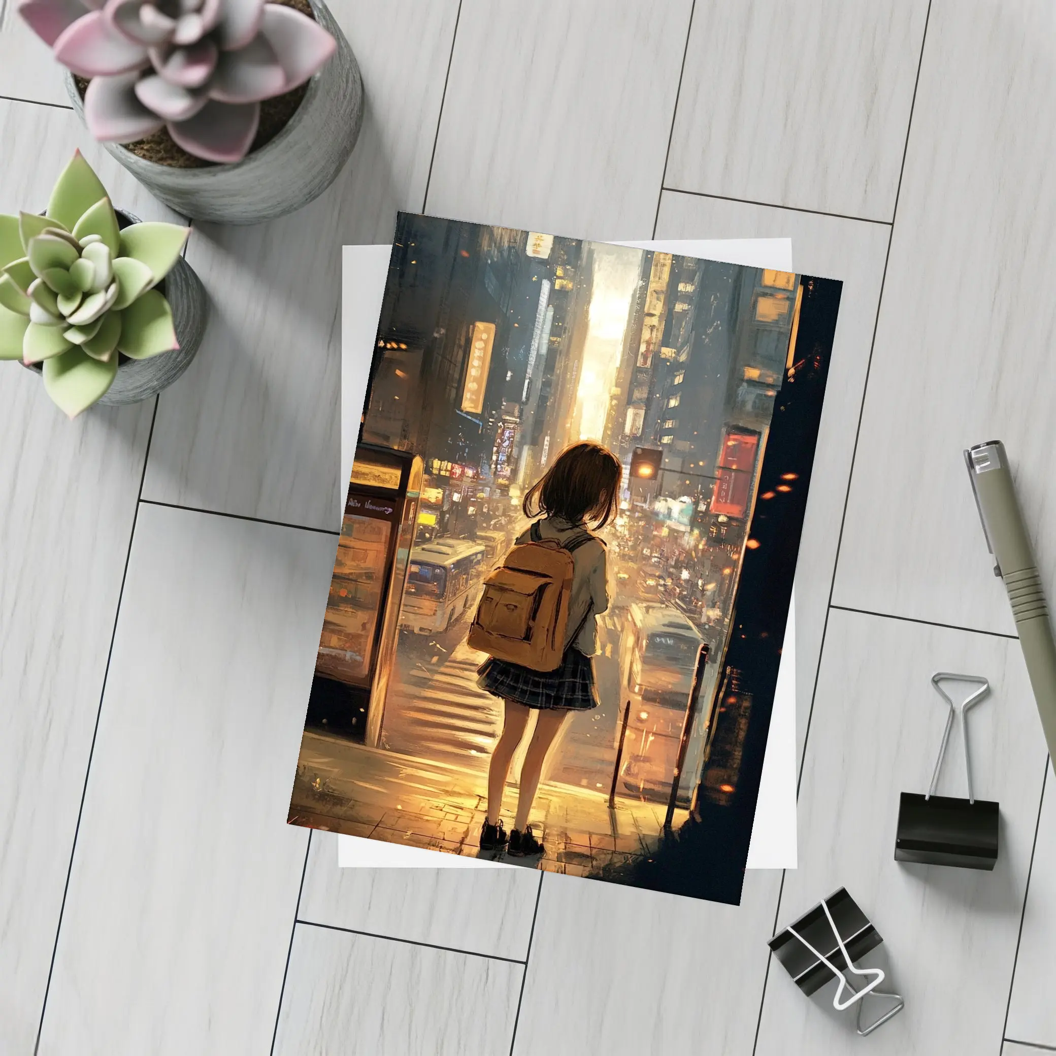 Anime Girl City Street Golden Sunset – Postcards