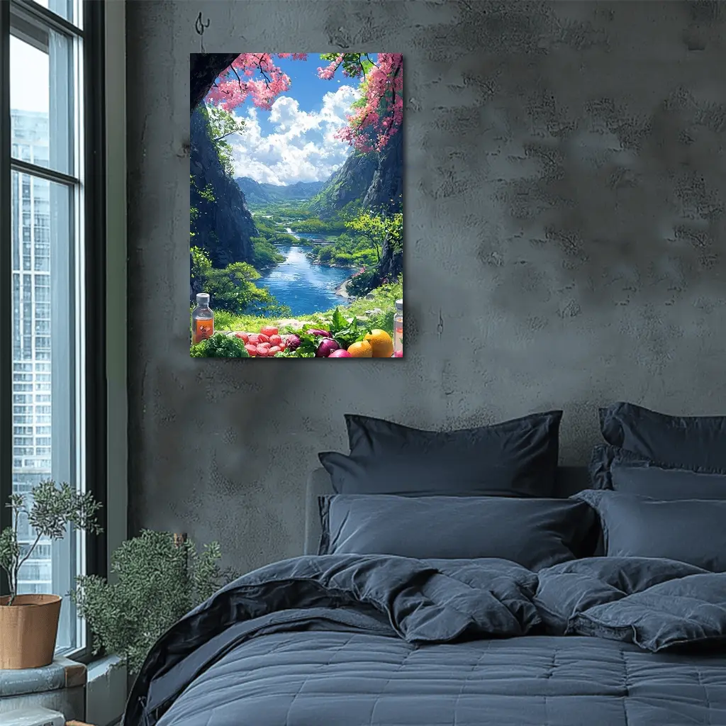 Anime Picnic Scene Cherry Blossoms River – Wall Art