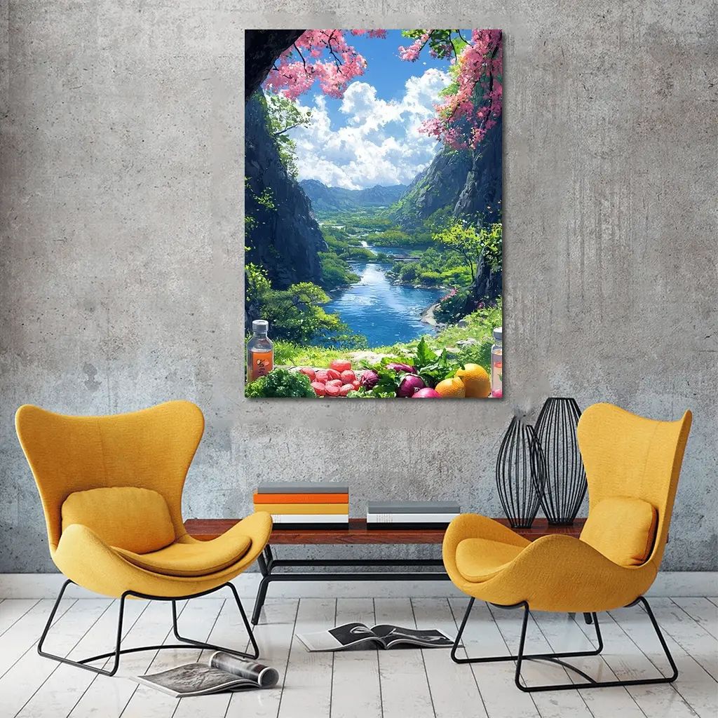 Anime Picnic Scene Cherry Blossoms River – Wall Art