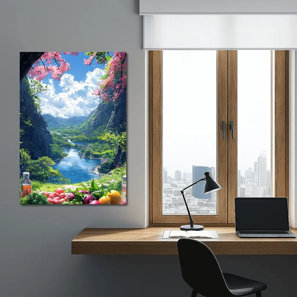 Anime Picnic Scene Cherry Blossoms River – Wall Art