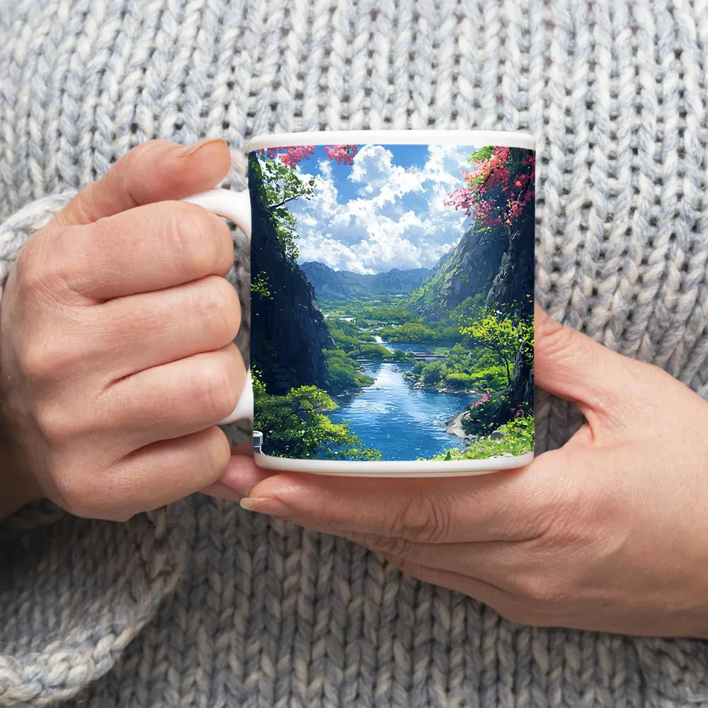 Anime Picnic Scene Cherry Blossoms River – Mugs