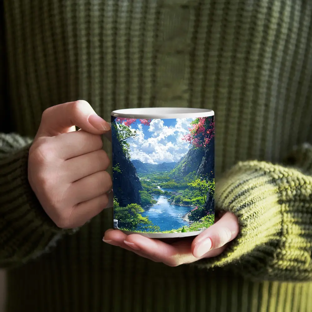 Anime Picnic Scene Cherry Blossoms River – Mugs