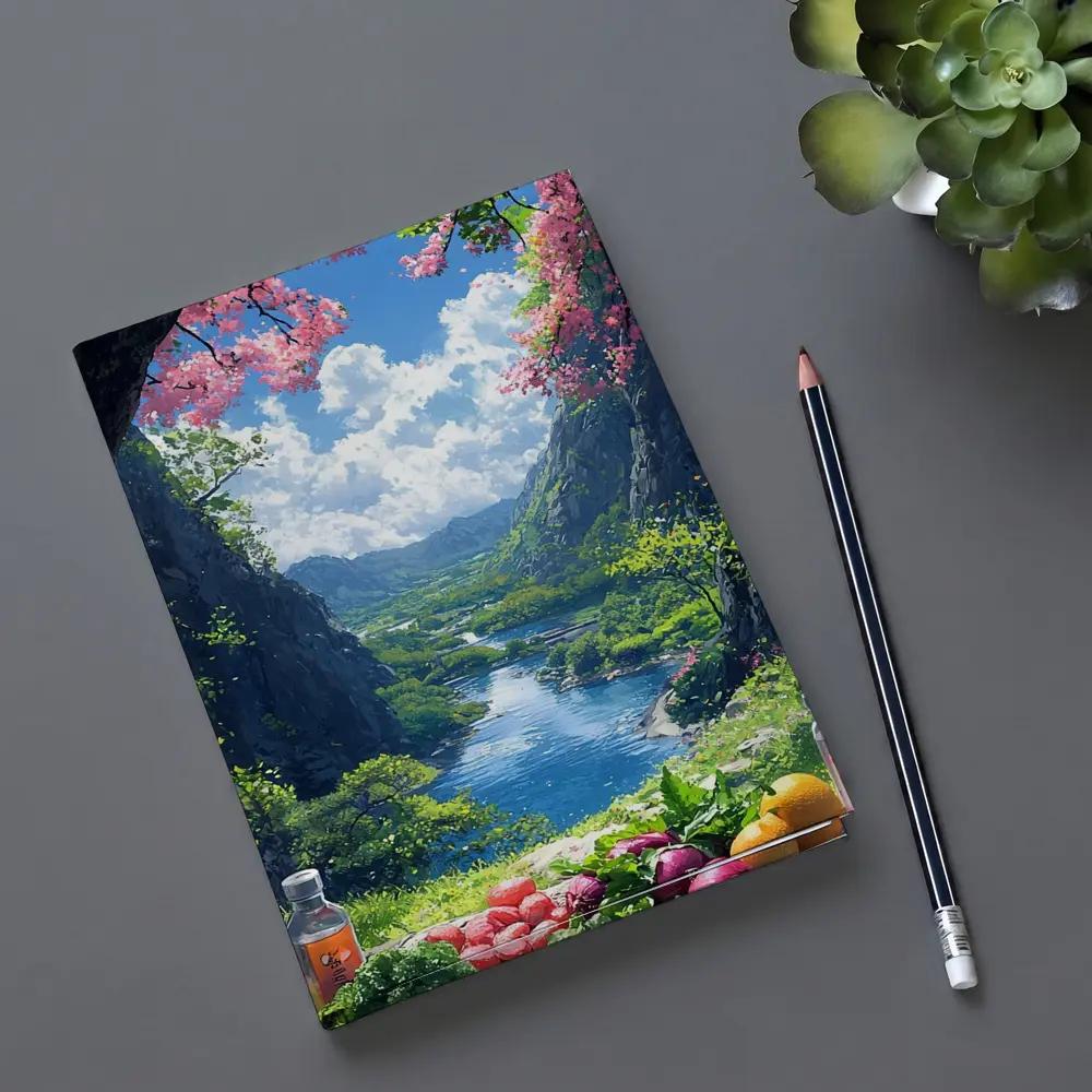 Anime Picnic Scene Cherry Blossoms River – Notebooks