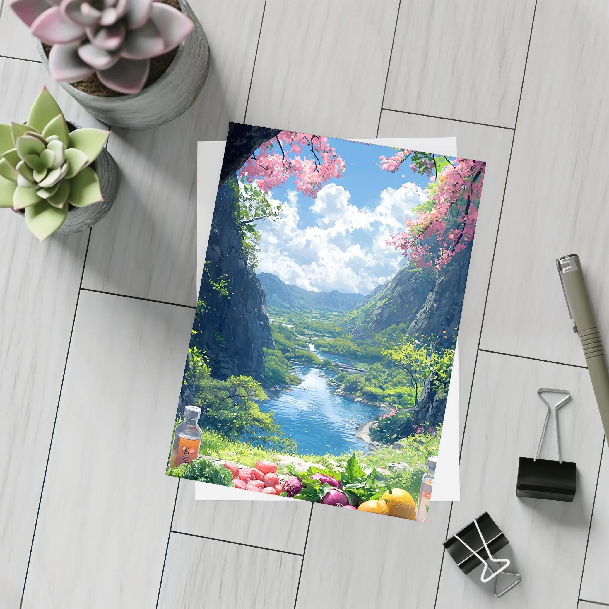 Anime Picnic Scene Cherry Blossoms River – Postcards