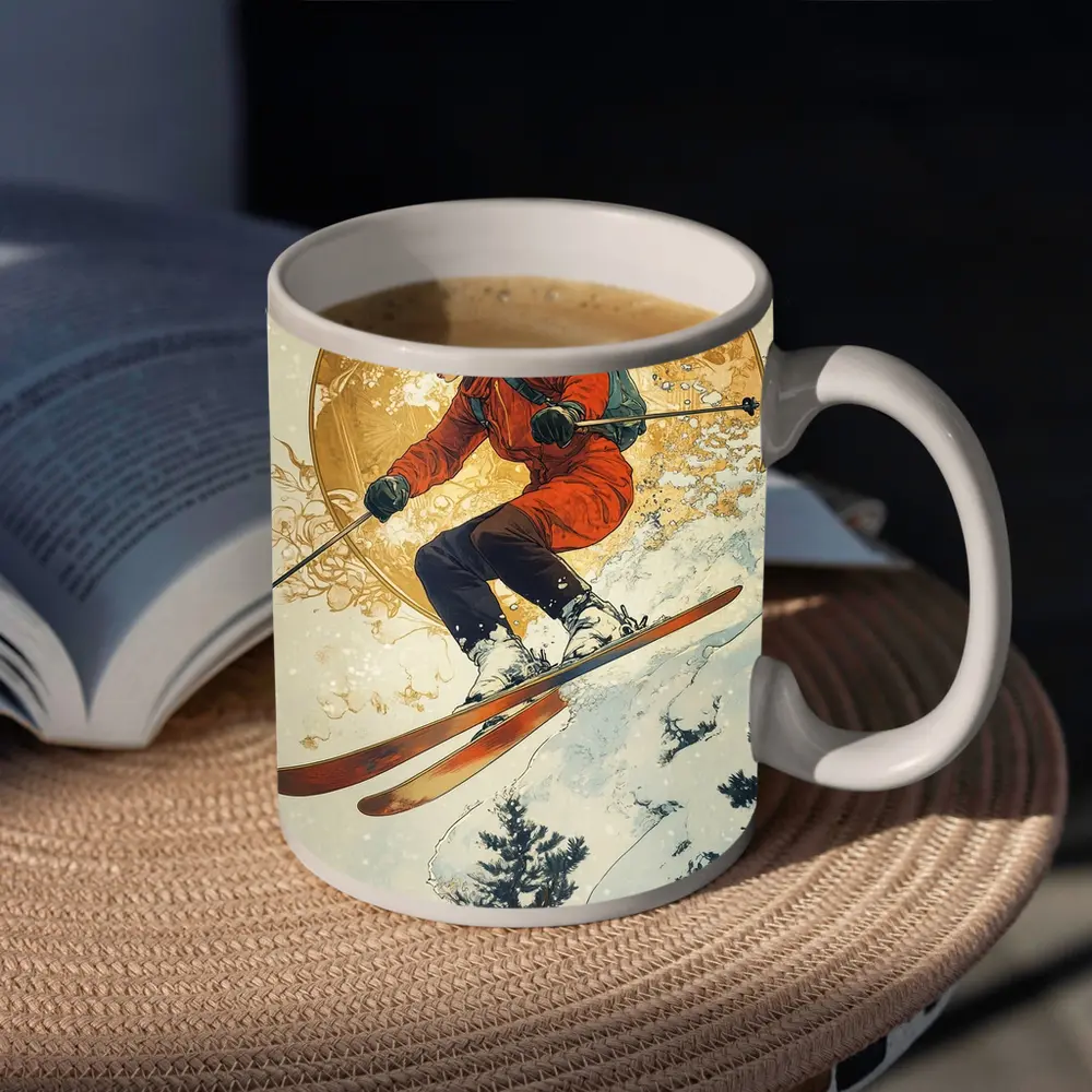Skier Jumping Mid Air Winter Snow Trees – Mugs