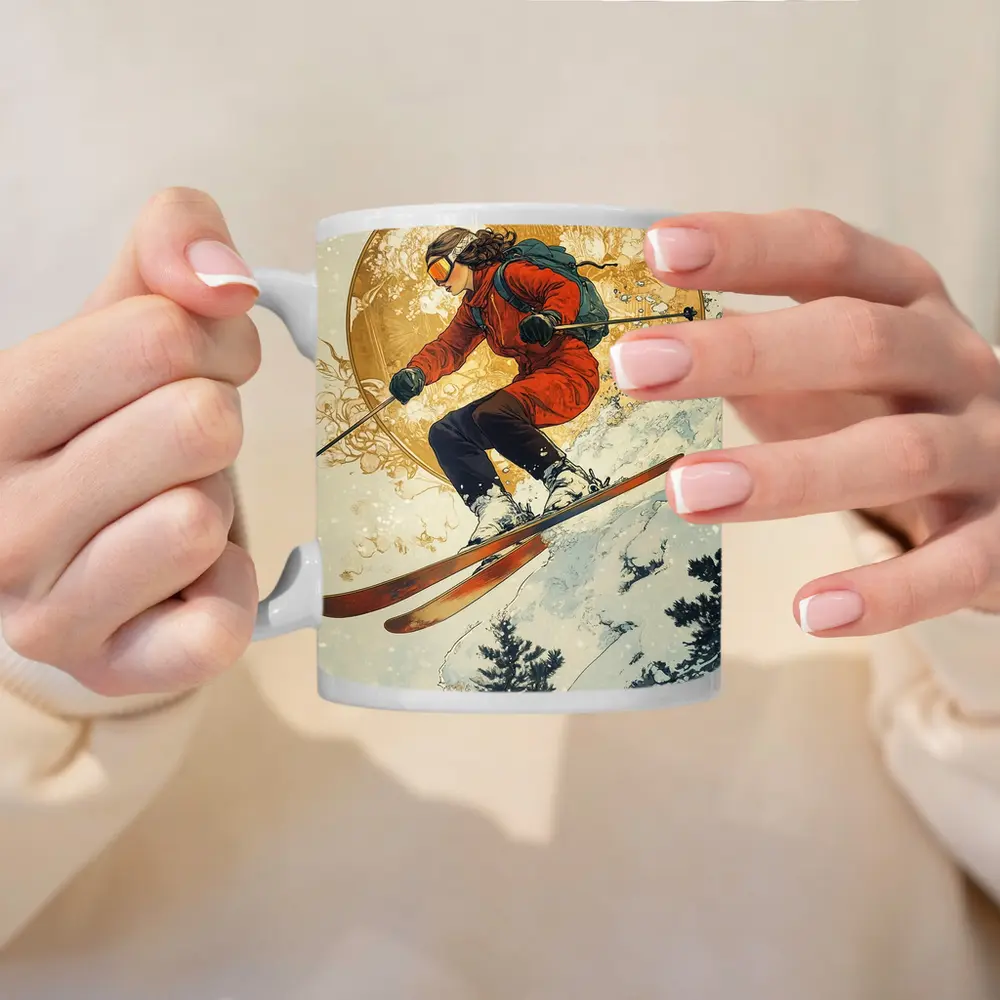 Skier Jumping Mid Air Winter Snow Trees – Mugs