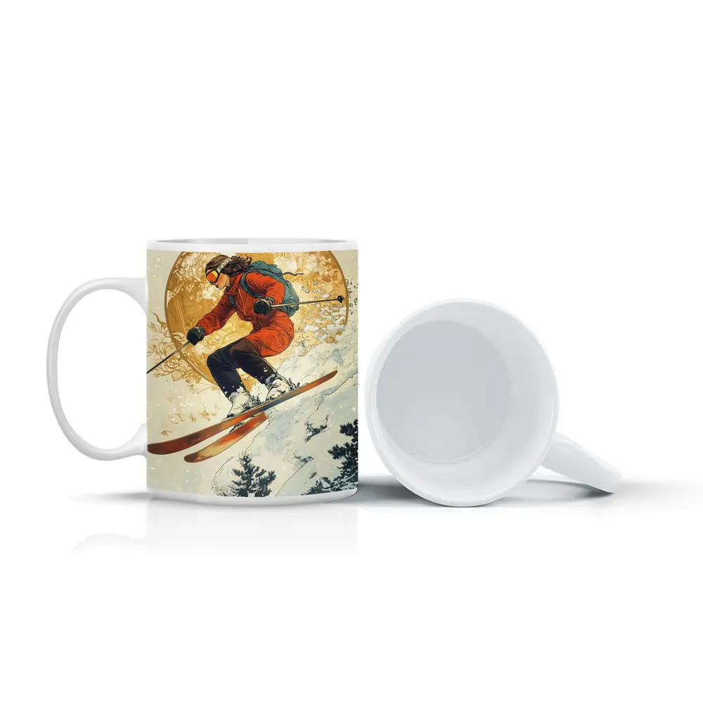 Skier Jumping Mid Air Winter Snow Trees – Mugs