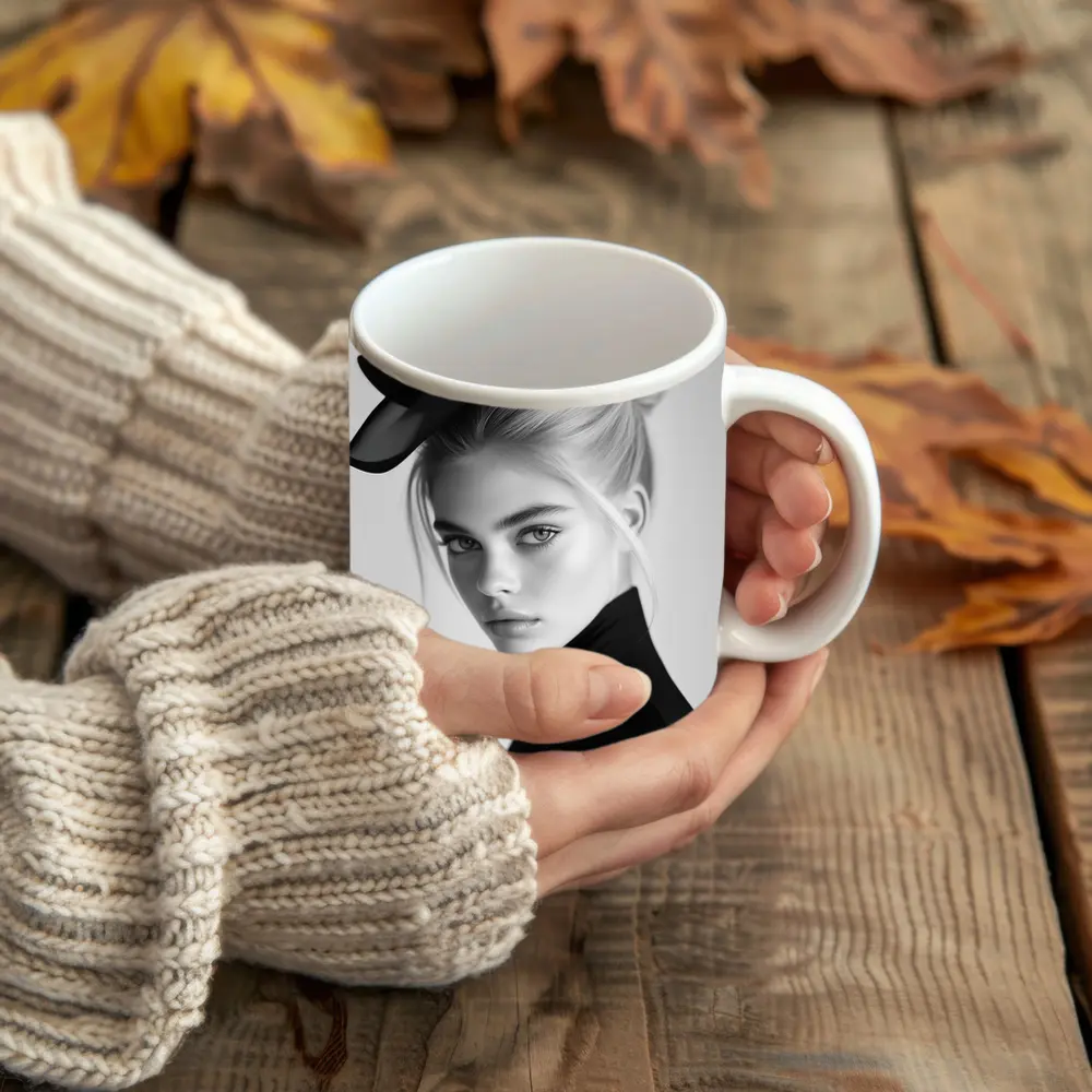 Black and White Fashion Portrait Woman Hat – Mugs