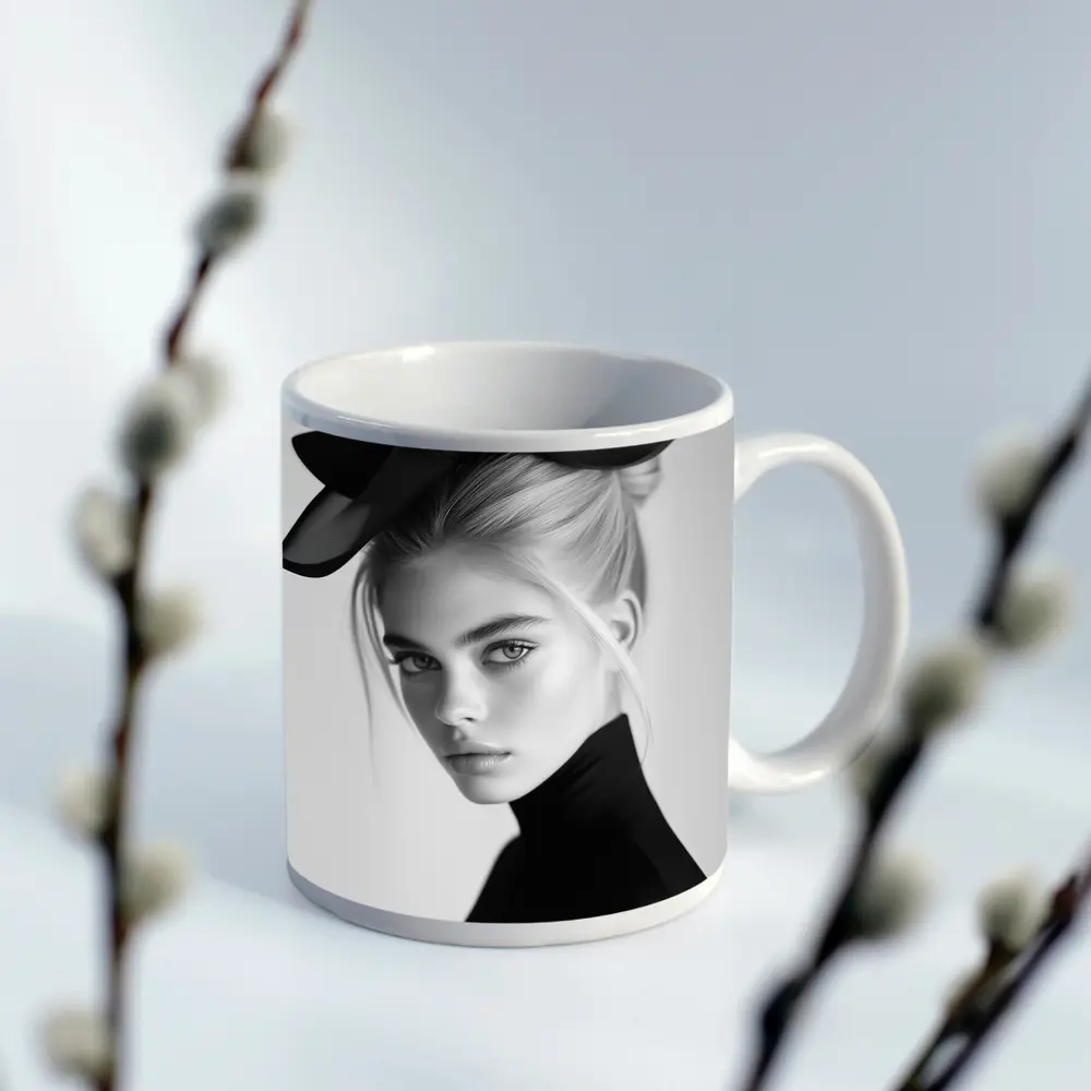 Black and White Fashion Portrait Woman Hat – Mugs